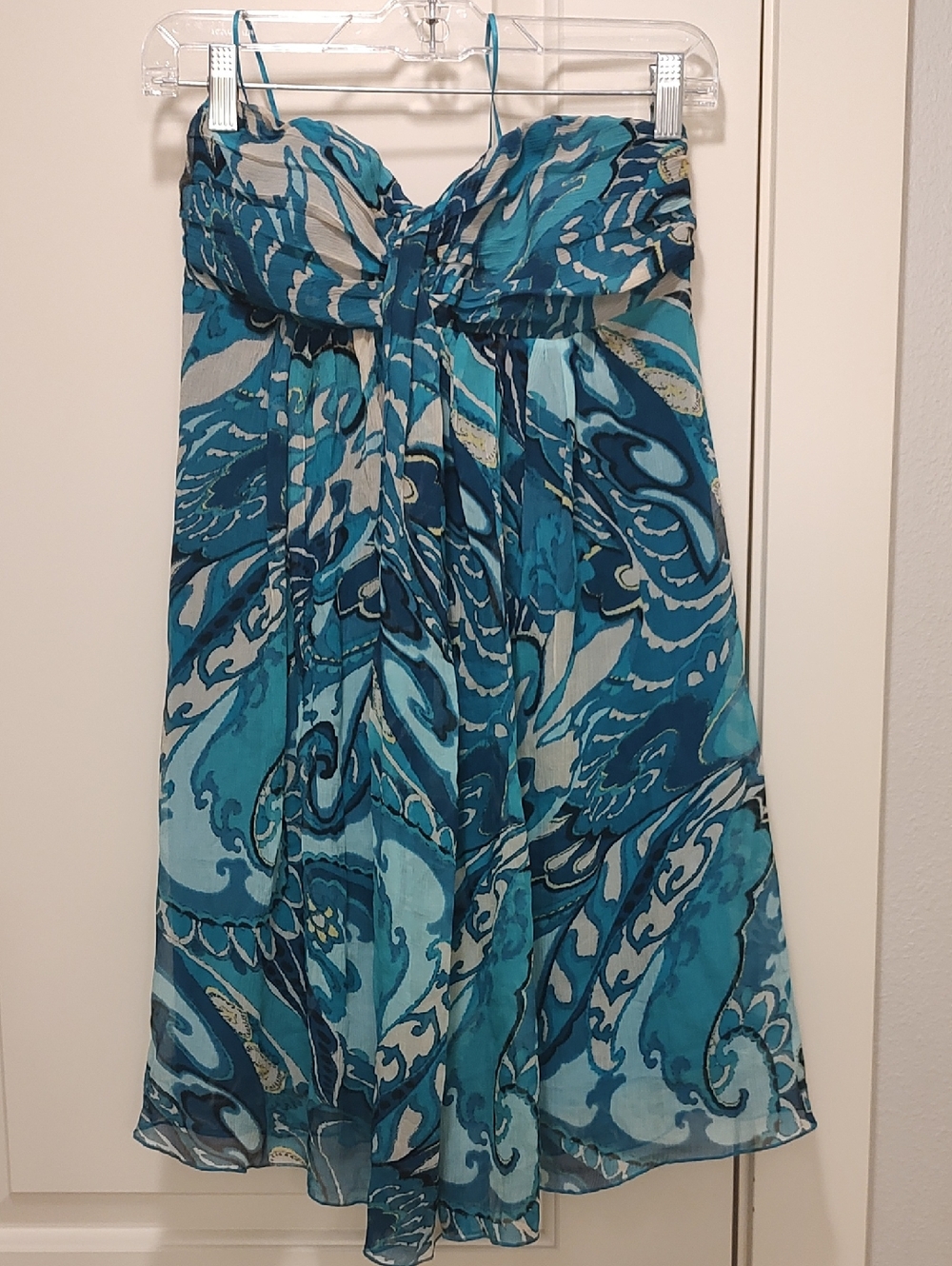 Express Strapless Teal & Navy Swirl Print Dress
